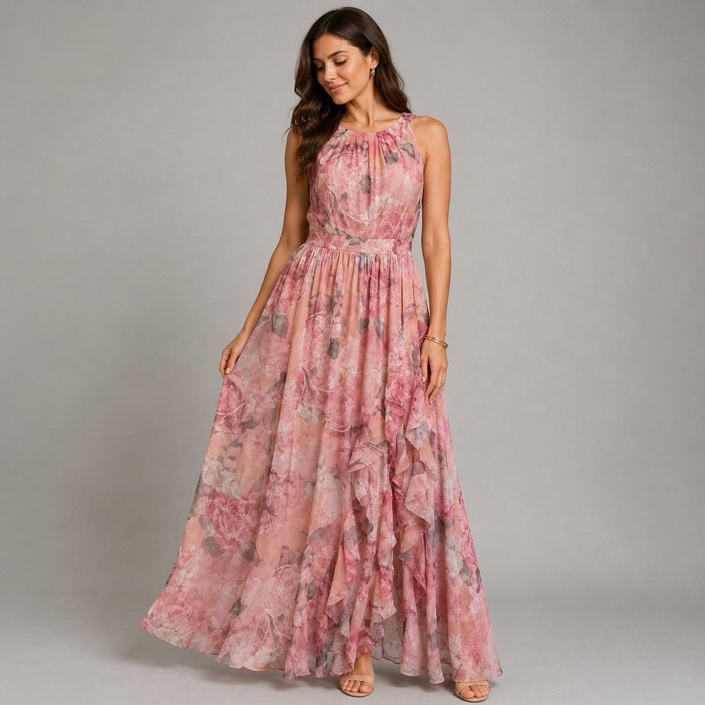 Candalite Floral Chiffon Maxi Dress XL Pink Ruffle Overlay Romantic Fairycore